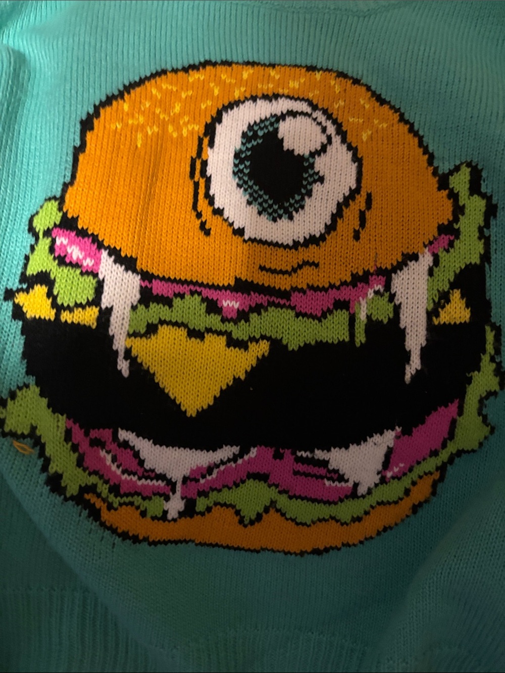 Iron Fist Turquoise Crewneck Sweater with One-Eyed Monster Burger Motif - Picture 3 of 6